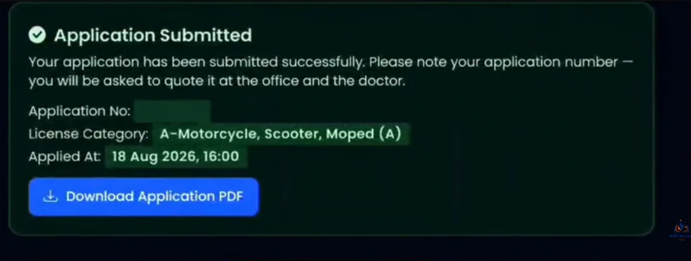 Application submitted confirmation and Download Application PDF button, with identifier hidden