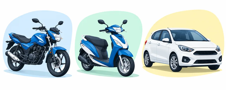 Illustration comparing a motorcycle, step-through scooter and compact car