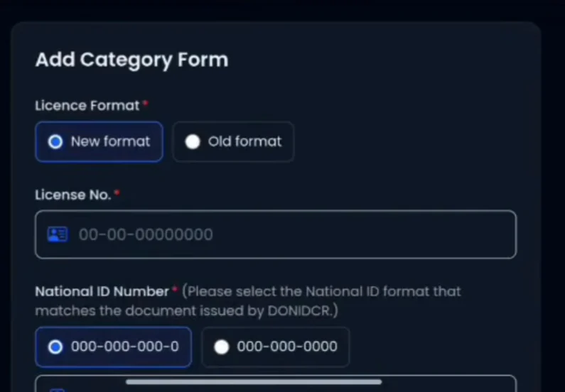 License format, license number and National ID fields