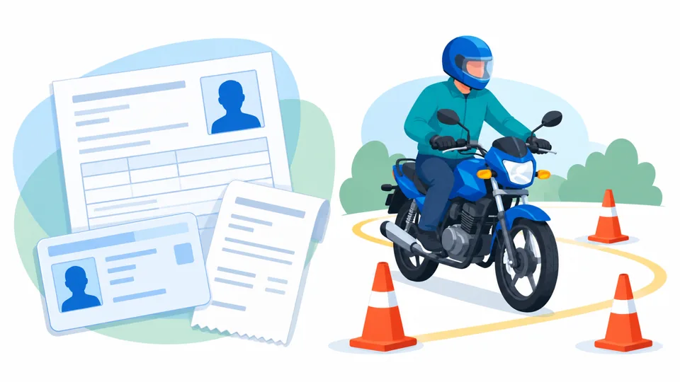 Illustration of test-day documents and a helmeted rider practising between cones