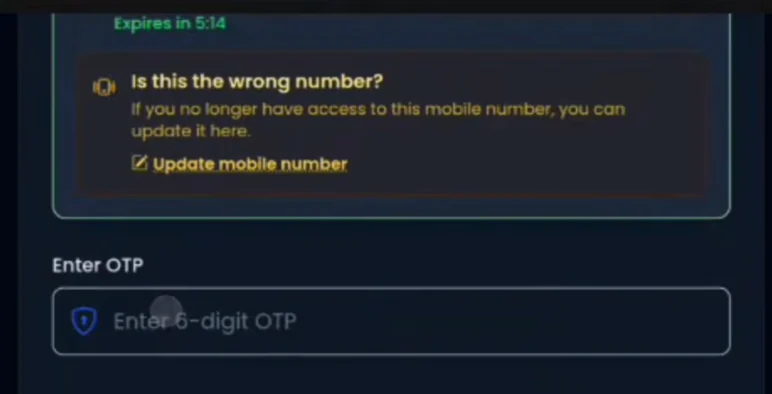 OTP field and registered mobile number update option