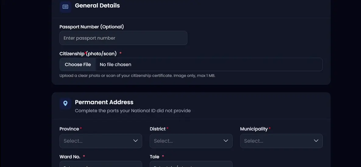 eDLVRS citizenship image upload and permanent address fields