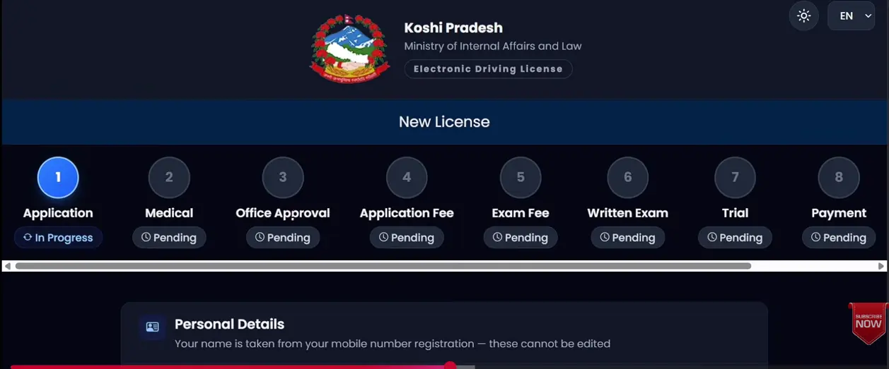 Eight eDLVRS application stages including medical, office approval, fees, written exam, trial and payment