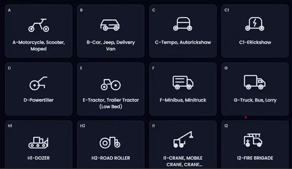 eDLVRS vehicle category selection including A motorcycle and B car categories