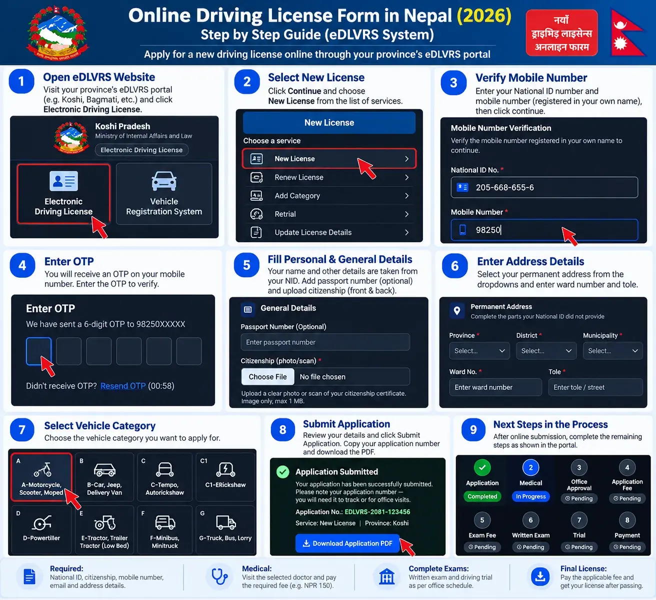 Nine illustrated steps for Nepal eDLVRS driving licence application, from choosing a province to downloading the form