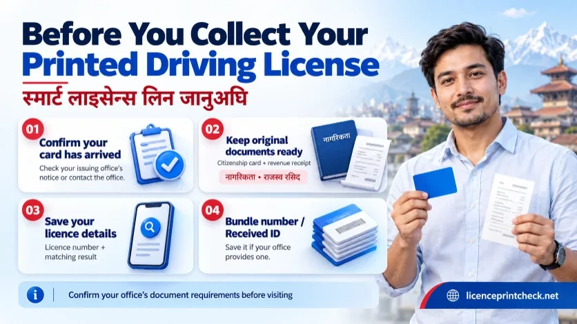 Before collecting a printed Nepal driving licence: confirm arrival, prepare original documents, save licence details and note any bundle number or Received ID.